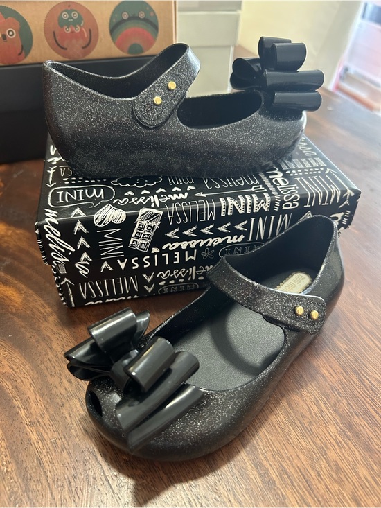 Mini Melissa Other - Mini Melissa Black Glitter Mary Jane Flats with Bow NWT